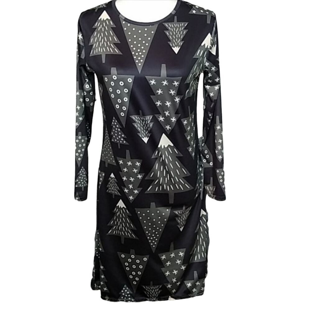 Christmas Tree Dress SZ Small Long Sleeve Midi Length No Brand Shiny Fabric